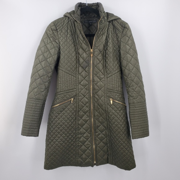 VIA SPIGA Long Black Hoodie Quilted Down Jacket - Picture 1 of 6